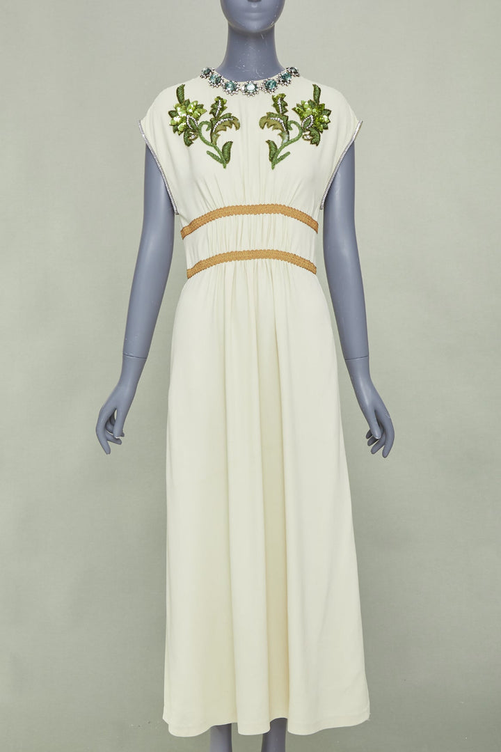 GUCCI 2019 beige crystal floral embroidered jersey empire waist gown S