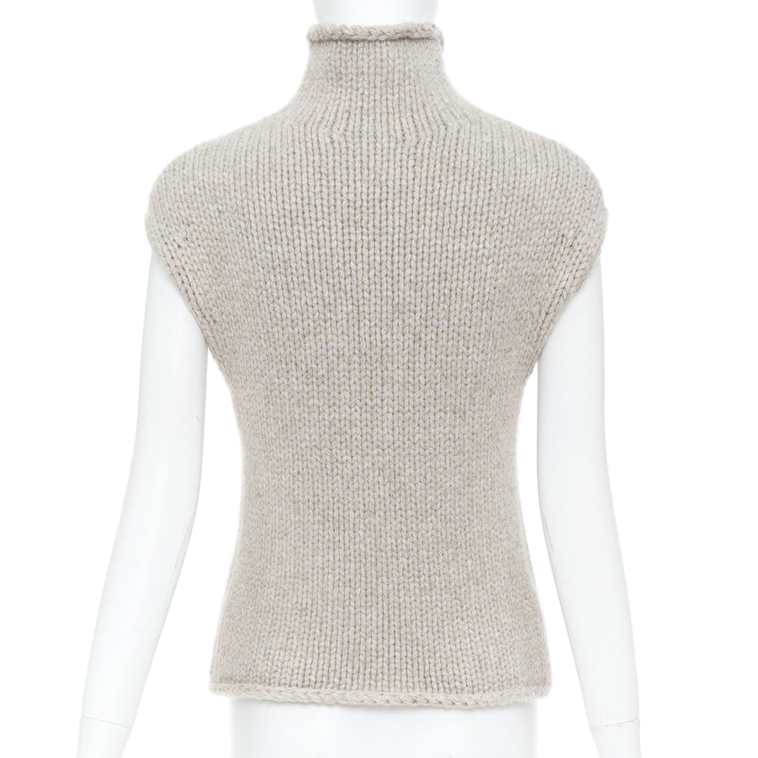 KHAITE taupe beige heavy wool cashmere chunky knit turtleneck sweater vest XS