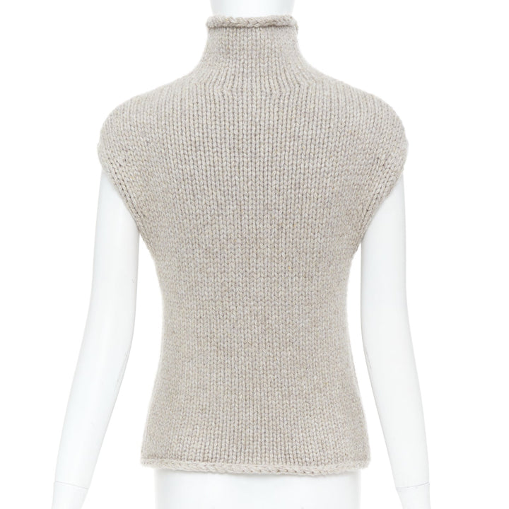 KHAITE taupe beige heavy wool cashmere chunky knit turtleneck sweater vest XS