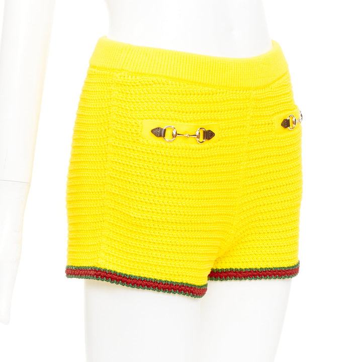 GUCCI 2024 Sabato yellow red green web horsebit cotton crochet knit shorts S
