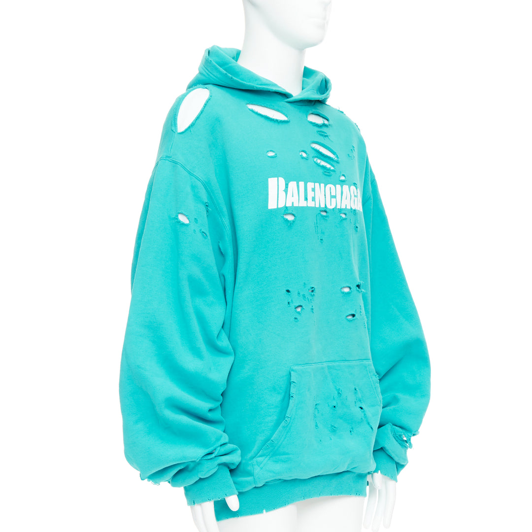 BALENCIAGA Demna 2020 teal destroyed ripped layered logo hoodie S