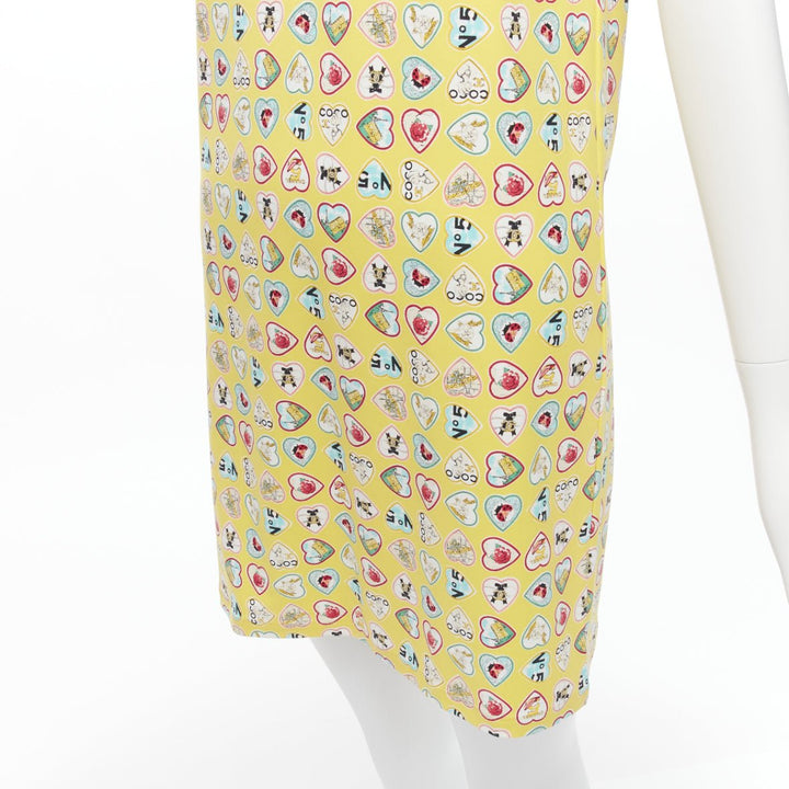 rare CHANEL 06P yellow Coco No 5 CC logo heart V neck mini shift dress FR38 M