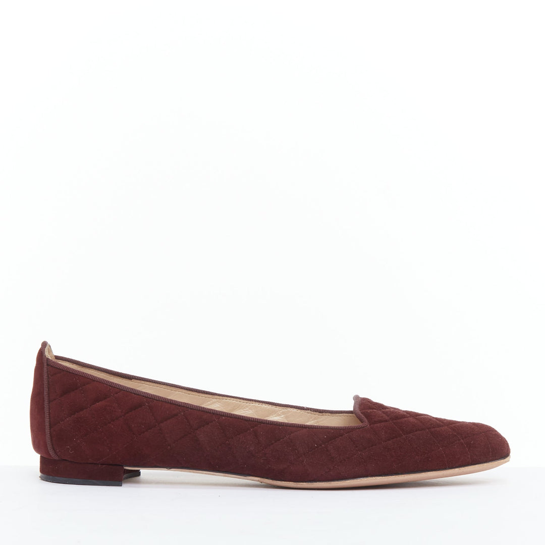 MANOLO BLAHNIK burgundy quilted suede square toe loafer flats EU39