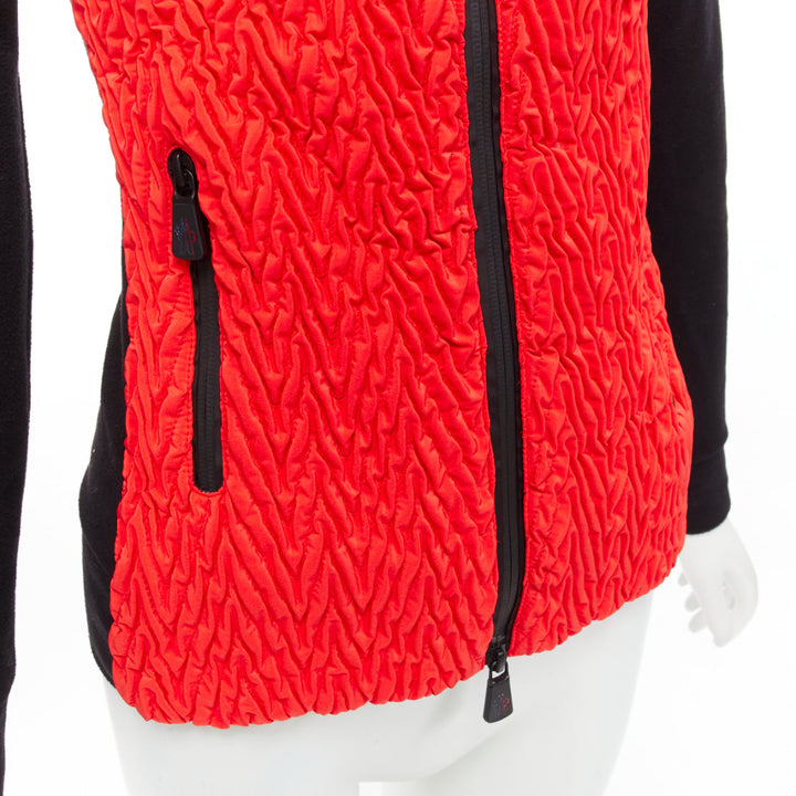 MONCLER bright red orange chevron plisse front logo arm zip fitted jacket XS