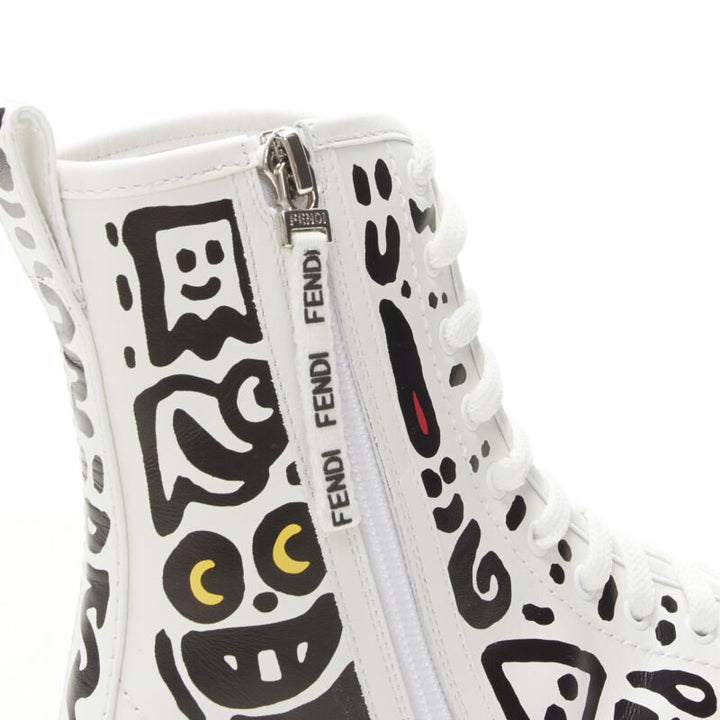 rare FENDI MR DOODLE white logo graffiti print laced combat ankle boot EU36