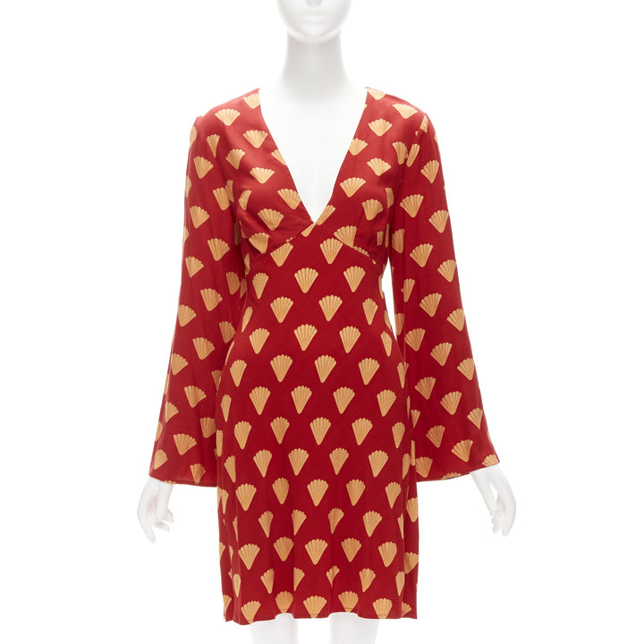 RIXO red gold oriental fan print V neck  flare sleeves short dress S