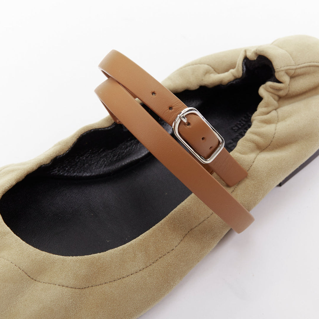 HERMES 2024 Jolly brown suede goatskin brown straps Maryjane ballet flats EU36.5