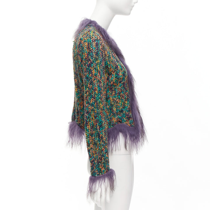 rare EMANUEL UNGARO purple faux fur trim green speckled tweed cro jacket IT38 XS