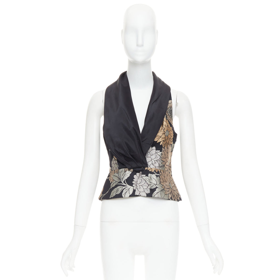 GIORGIO ARMANI black silk oriental floral jacquard Tback vest waistcoat IT36 XXS