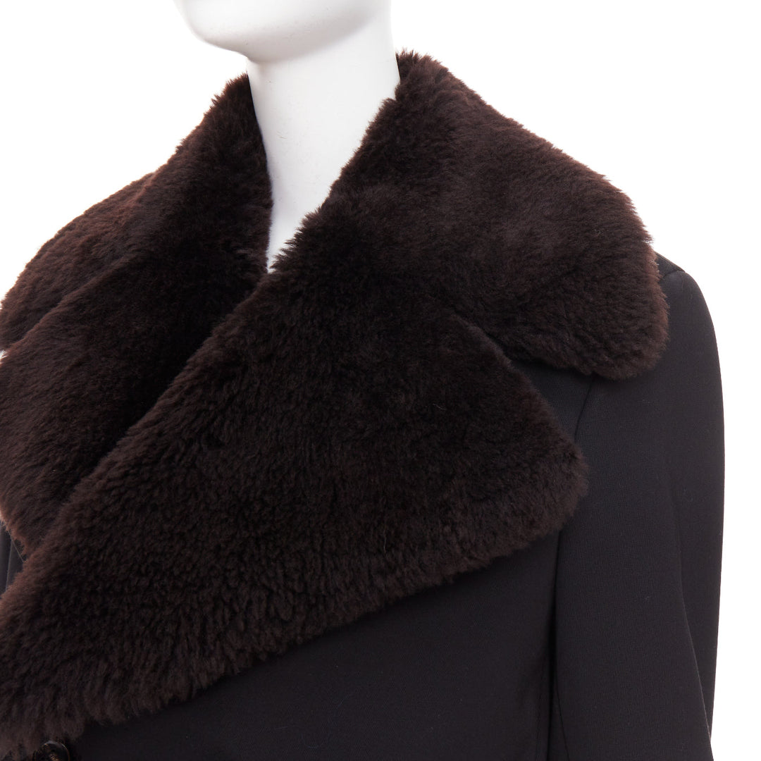 BOTTEGA VENETA Daniel Lee black wool brown lamb shearling collar  coat IT44 L