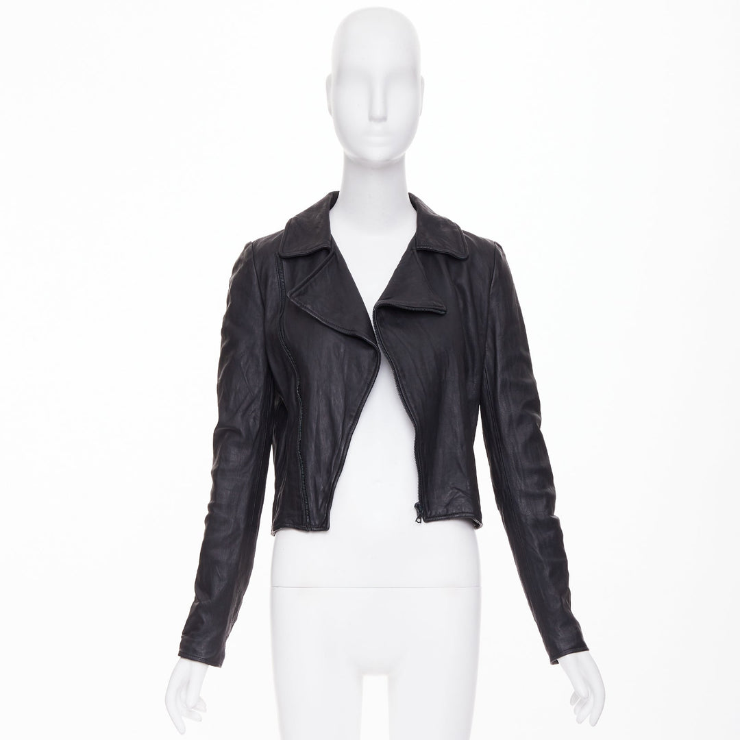 THE ROW 2017 black crinkled lambskin leather minimal biker jacketl XS