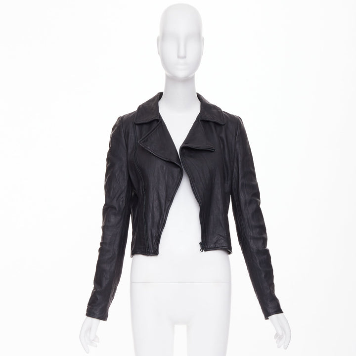 THE ROW 2017 black crinkled lambskin leather minimal biker jacketl XS