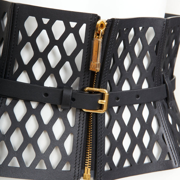 CHRISTIAN DIOR 2020 Runway D-Trap black laser cut fishnet leather corset belt M
