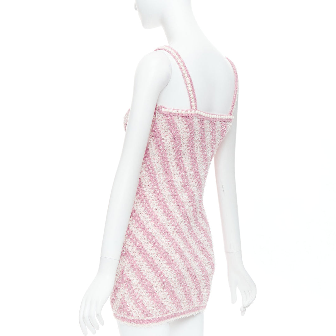 CHANEL 23S pink white cotton blend striped tweed CC mini dress FR34 XS