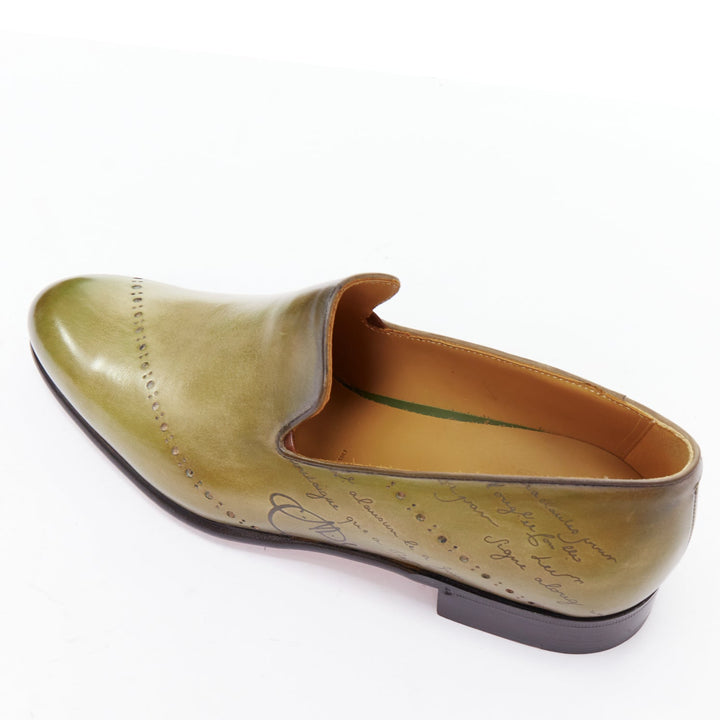 BERLUTI Cursive Galet Scritto green smooth leather script patina loafer UK8 EU42