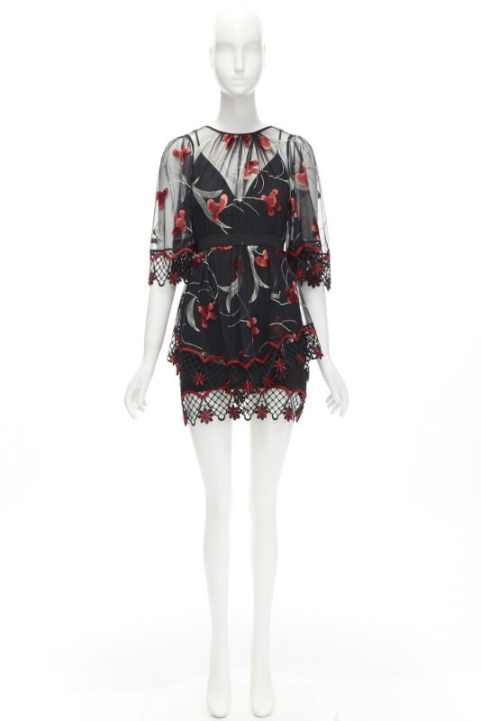 ALICE MCCALL Wish you Were Here black red guipere lace floral tulle dress US2 XS