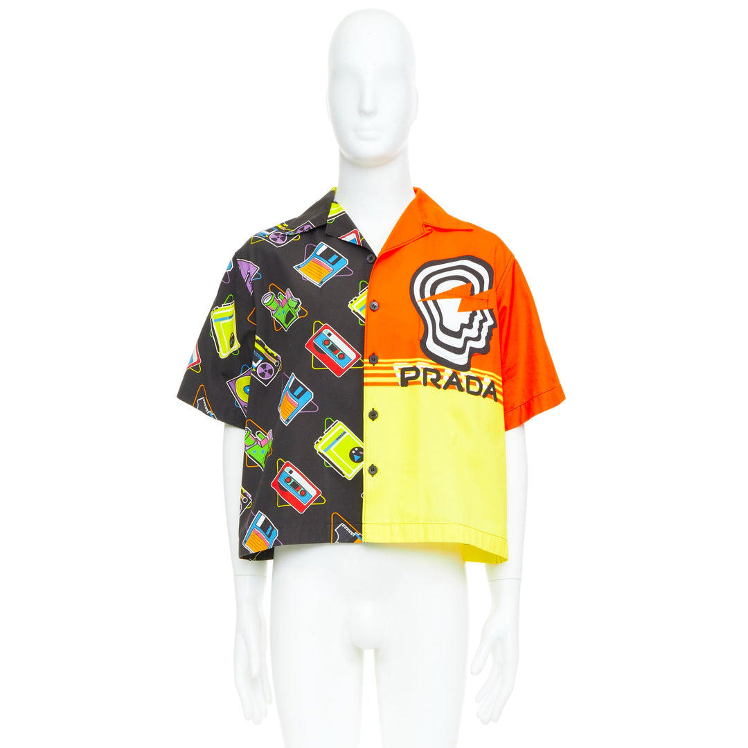PRADA 2020 Double Match orange cassette print cotton short sleeve boxy shirt M