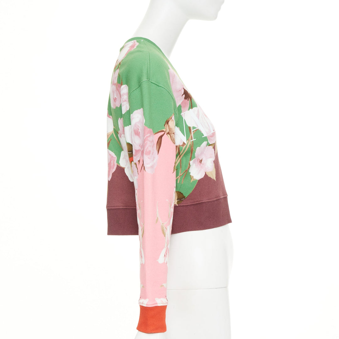 VALENTINO 2021 Flying Flowers logo colorblock cotton crop sweatshirt XS