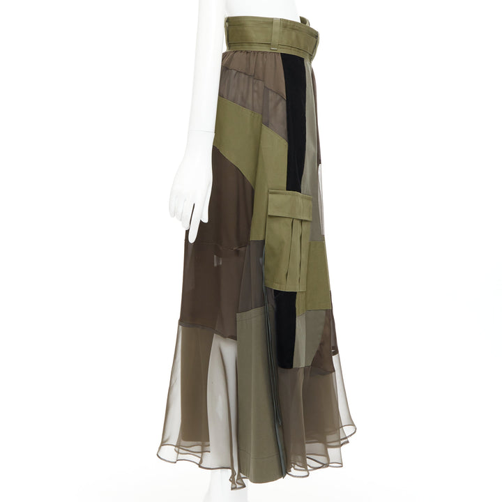 SACAI 2020 military green camo sheer patchwork cargo belted skirt JP1 S