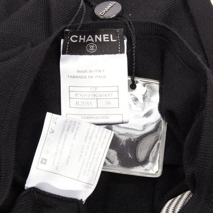 CHANEL 07P Runway black cashmere silk off white bow metal chain dress FR38 M
