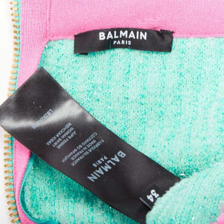 BALMAIN turquoise pink gold button embellished boucle skirt FR34 XS