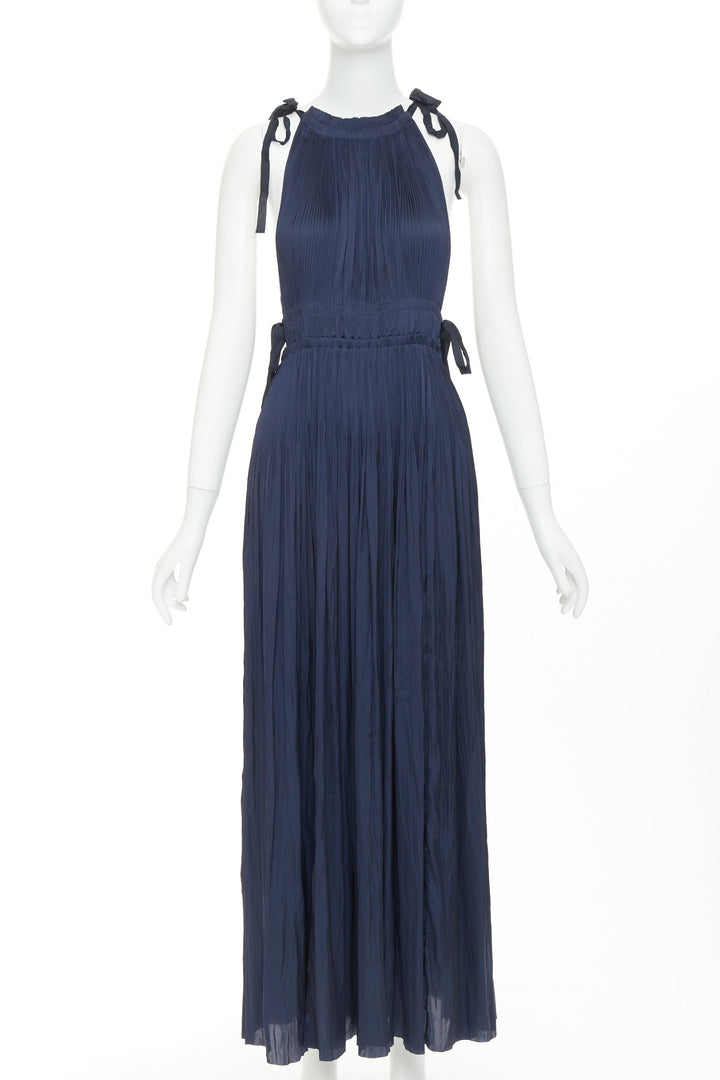 ULLA JOHNSON midnight blue pleated halter neck drawstring tie midi dress US0 XS