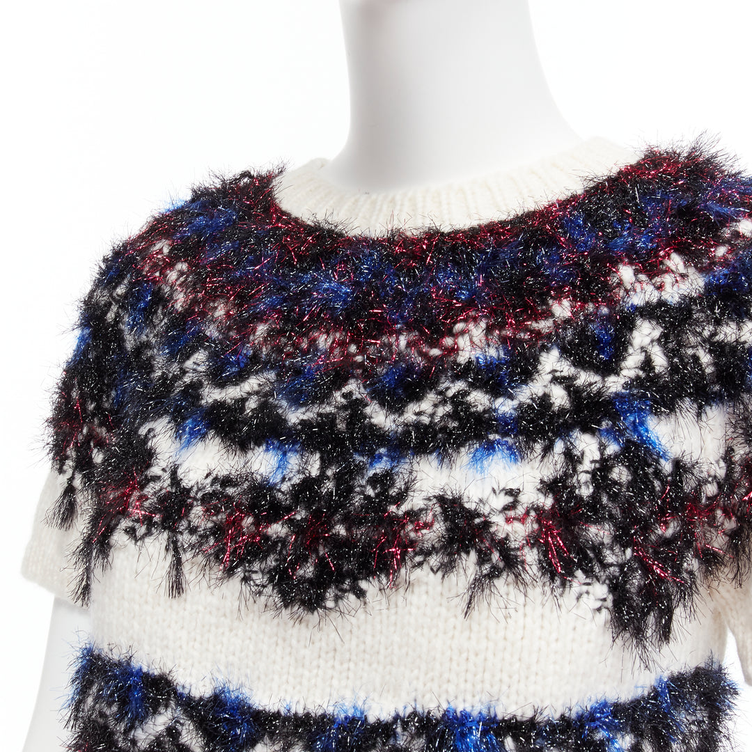 CHANEL pink blue fluffy lurex cream intarsia crystal CC cropped sweater FR34 XS