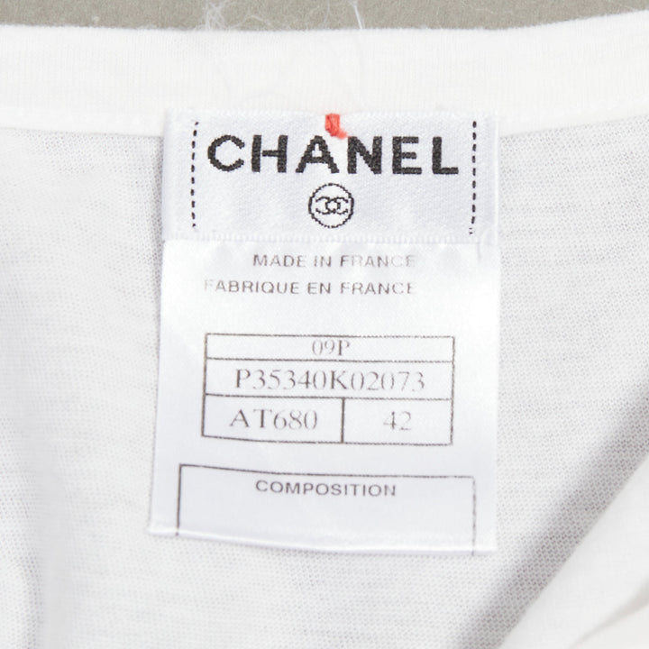 CHANEL 09P white cotton faux pearl ribbon CC logo short sleeve tshirt FR42 XL