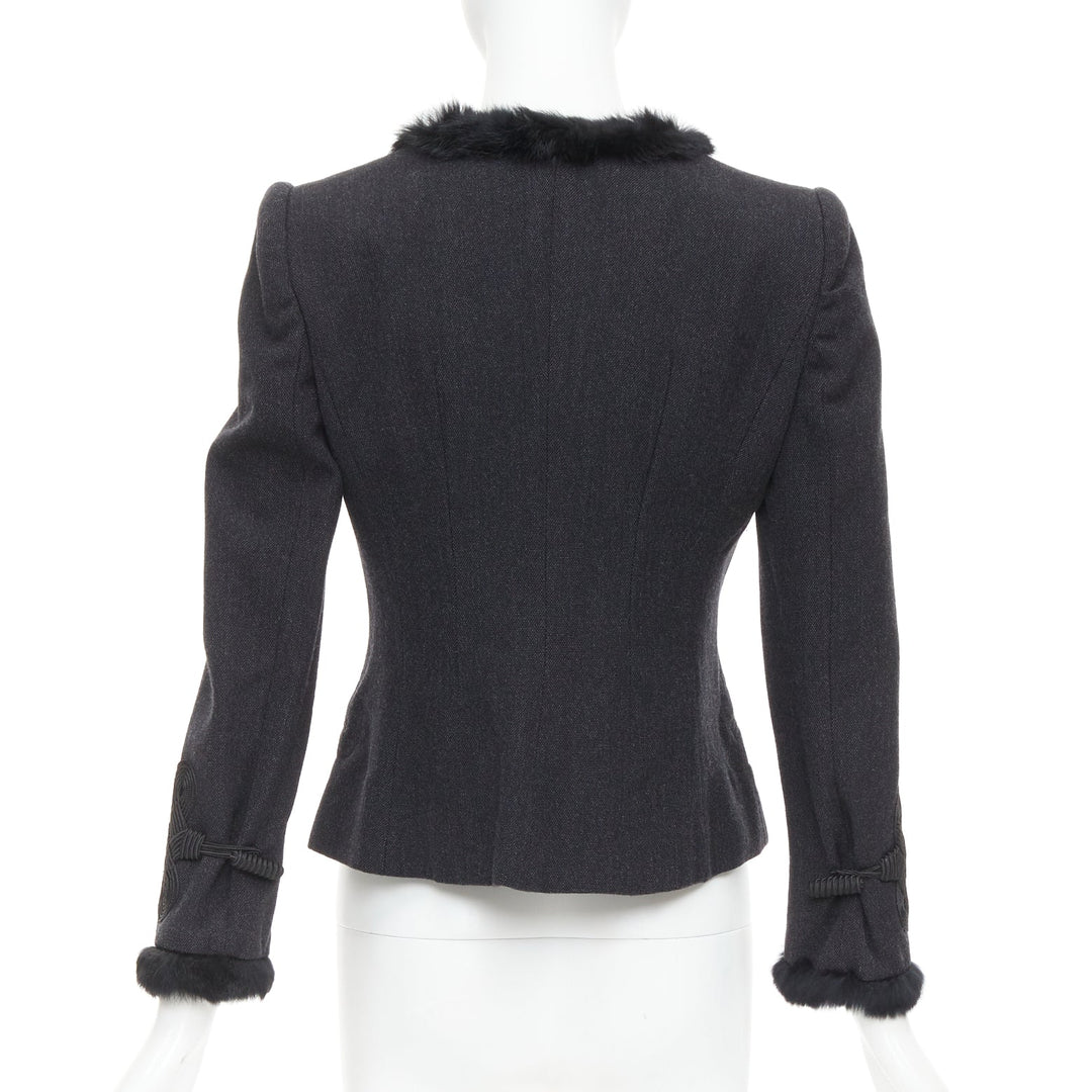 EMPORIO ARMANI grey virgin wool fur trim totem applique crop blazer IT42 M