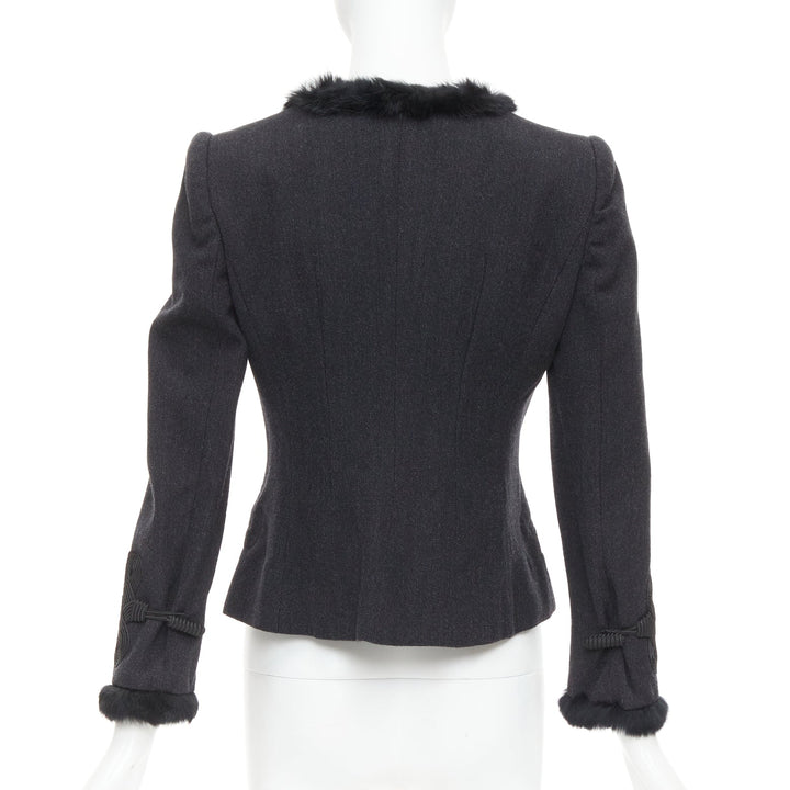 EMPORIO ARMANI grey virgin wool fur trim totem applique crop blazer IT42 M