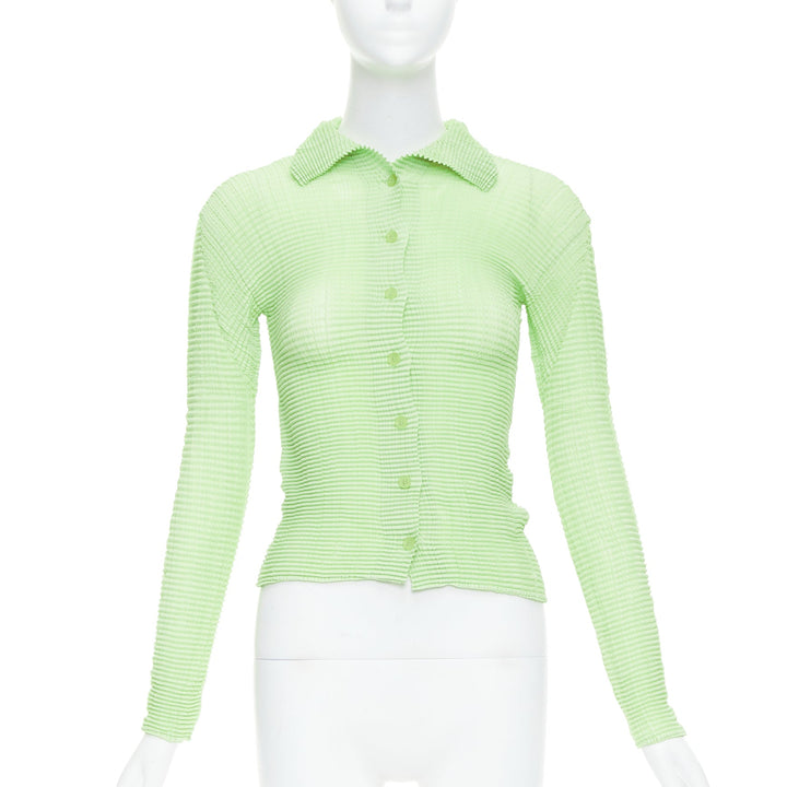 ISSEY MIYAKE lime green crinkle pleated button down top cardigan M