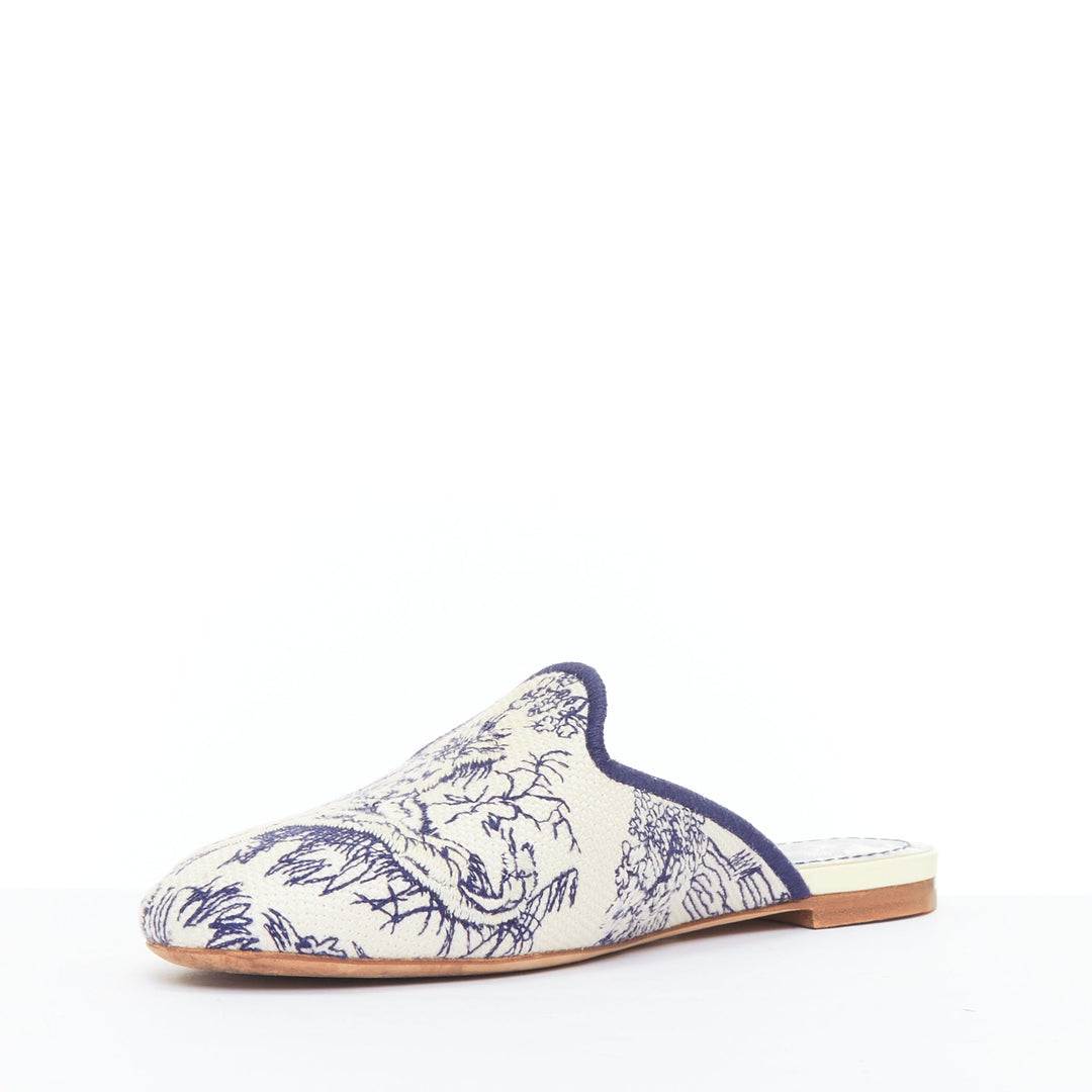 CHRISTIAN DIOR Off navy Toile de Jouy print canvas mule flats EU38