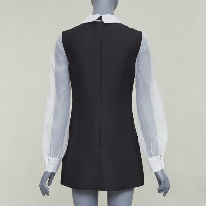 VALENTINO 2022 Crepe Couture black white wool silk ruffle bib neck dress IT38 XS