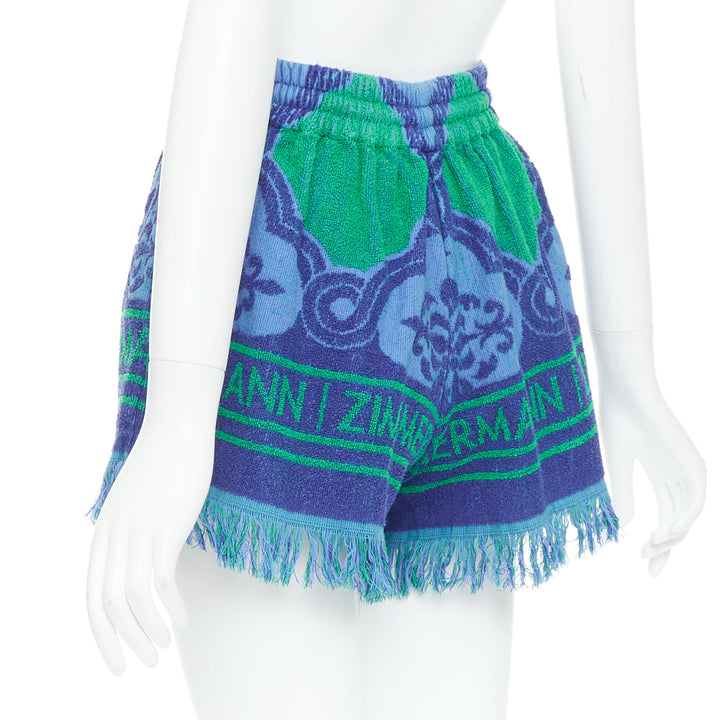 ZIMMERMANN Tiggy blue green terry cloth logo fringe shorts US0 XS