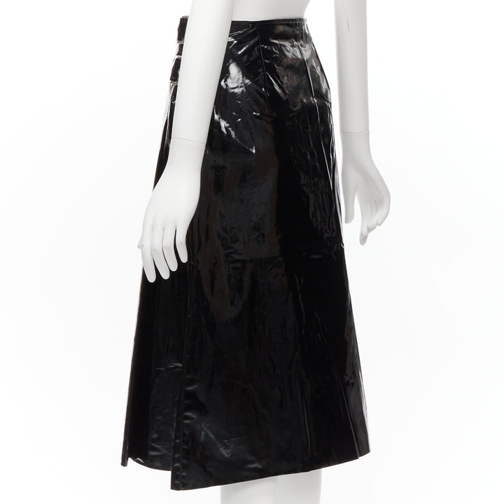 GUCCI black coated cotton vinyl silver buckle punk kilt pleated skirt IT38 XS