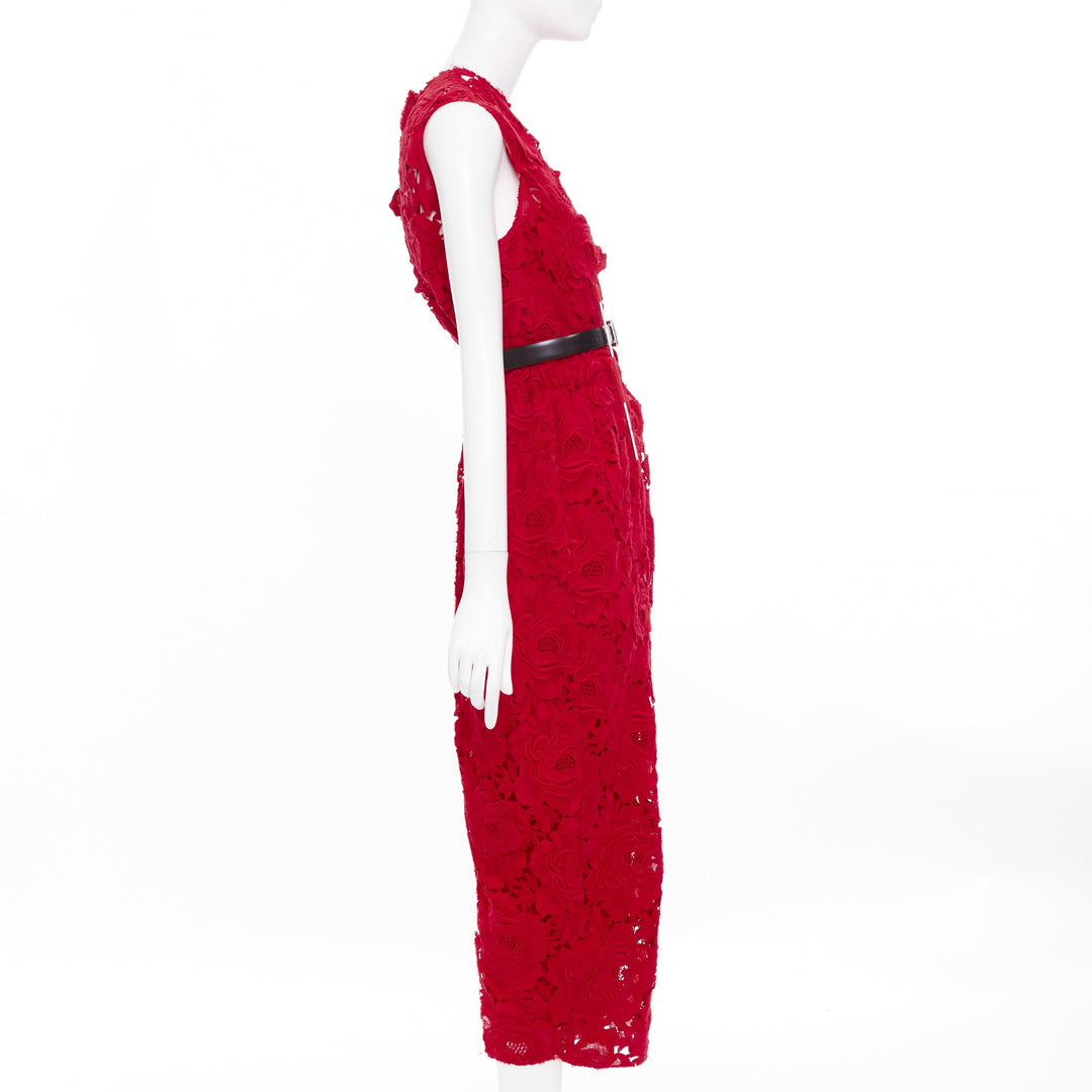 PRADA 2022 Runway red rose blooming guipure lace open back sheath dress IT40