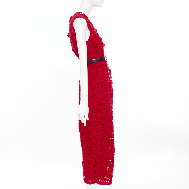 PRADA 2022 Runway red rose blooming guipure lace open back sheath dress IT40