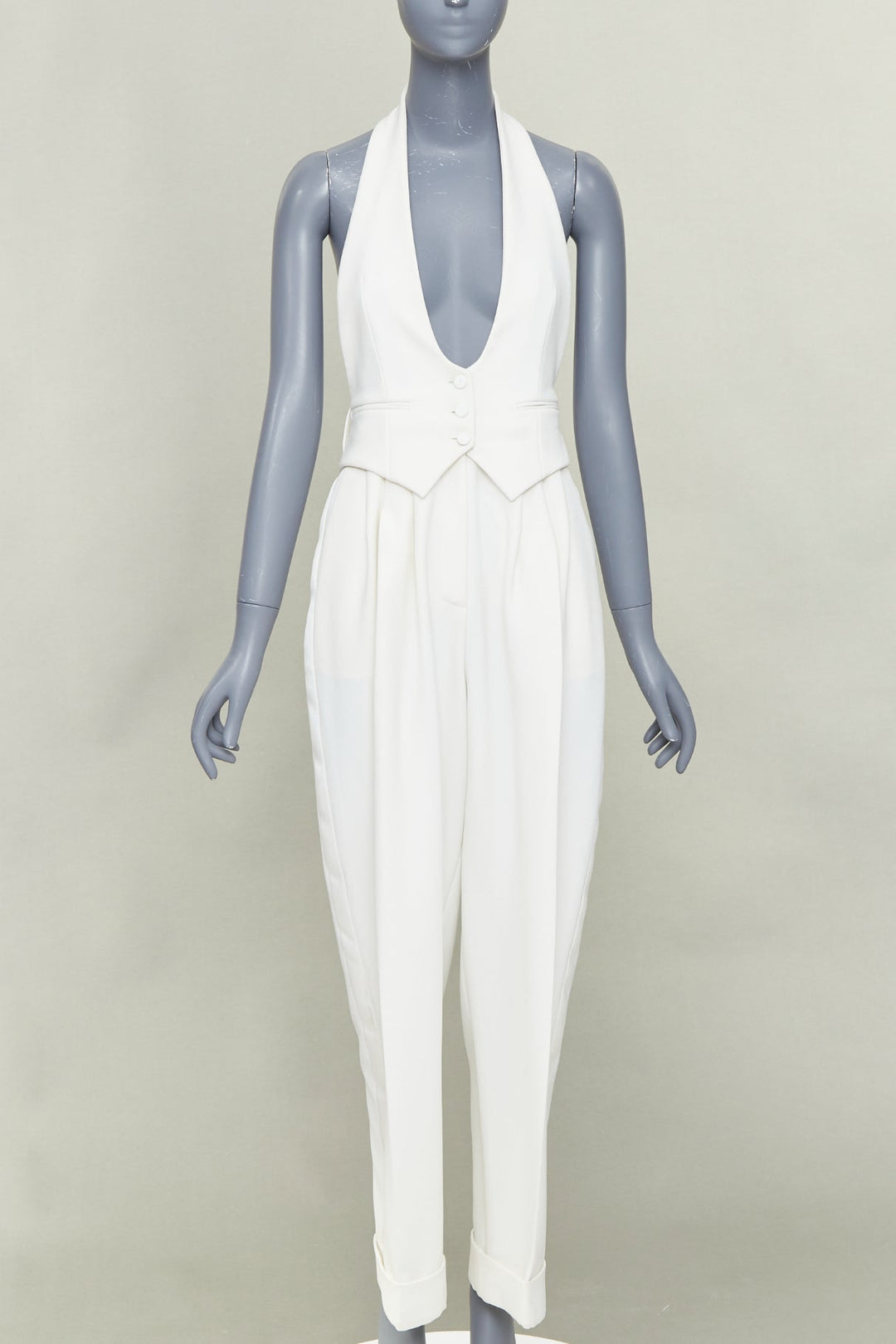 ALEXANDRE VAUTHIER COUTURE off white crepe halter neck waistcoat jumpsuit