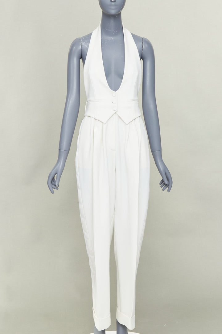 ALEXANDRE VAUTHIER COUTURE off white crepe halter neck waistcoat jumpsuit