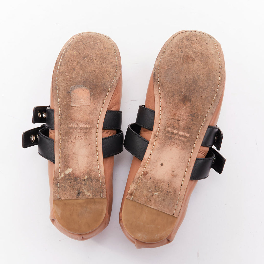 MIU MIU beige leather double black buckle punk strap ballet flats EU37.5