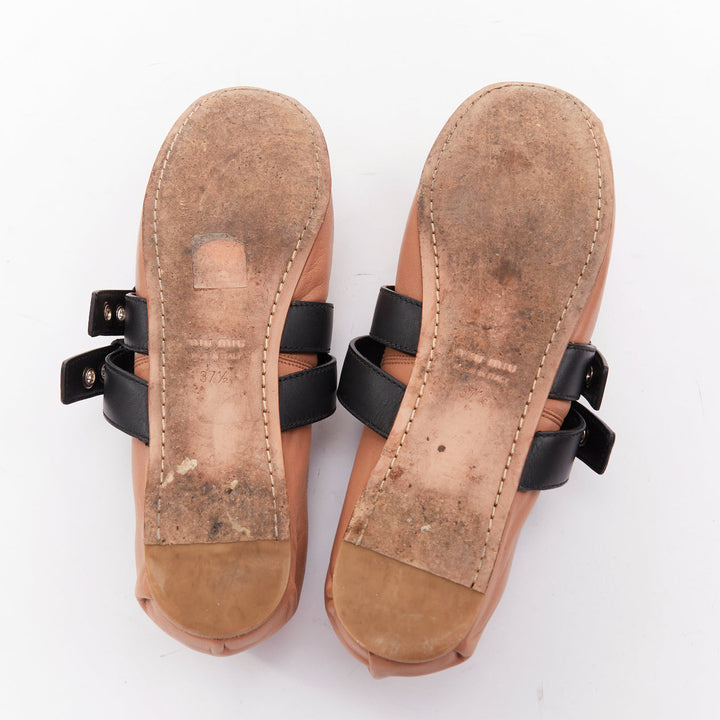 MIU MIU beige leather double black buckle punk strap ballet flats EU37.5