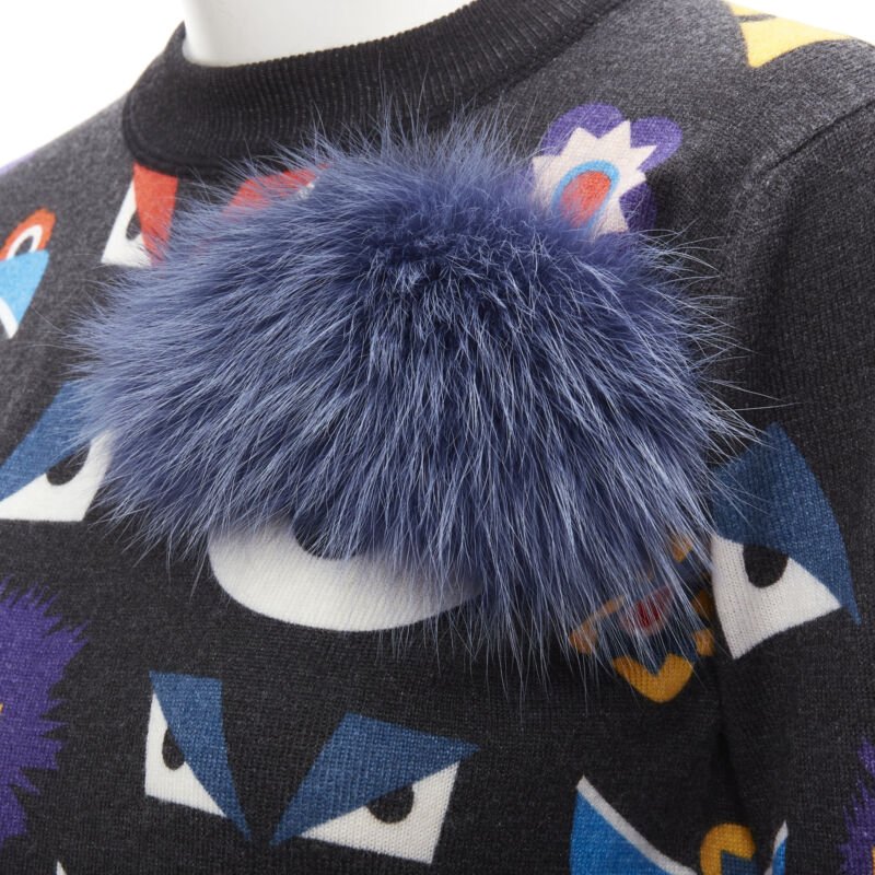 FENDI Monster Bug Eye blue fox fur trim dark grey cropped wool sweater S