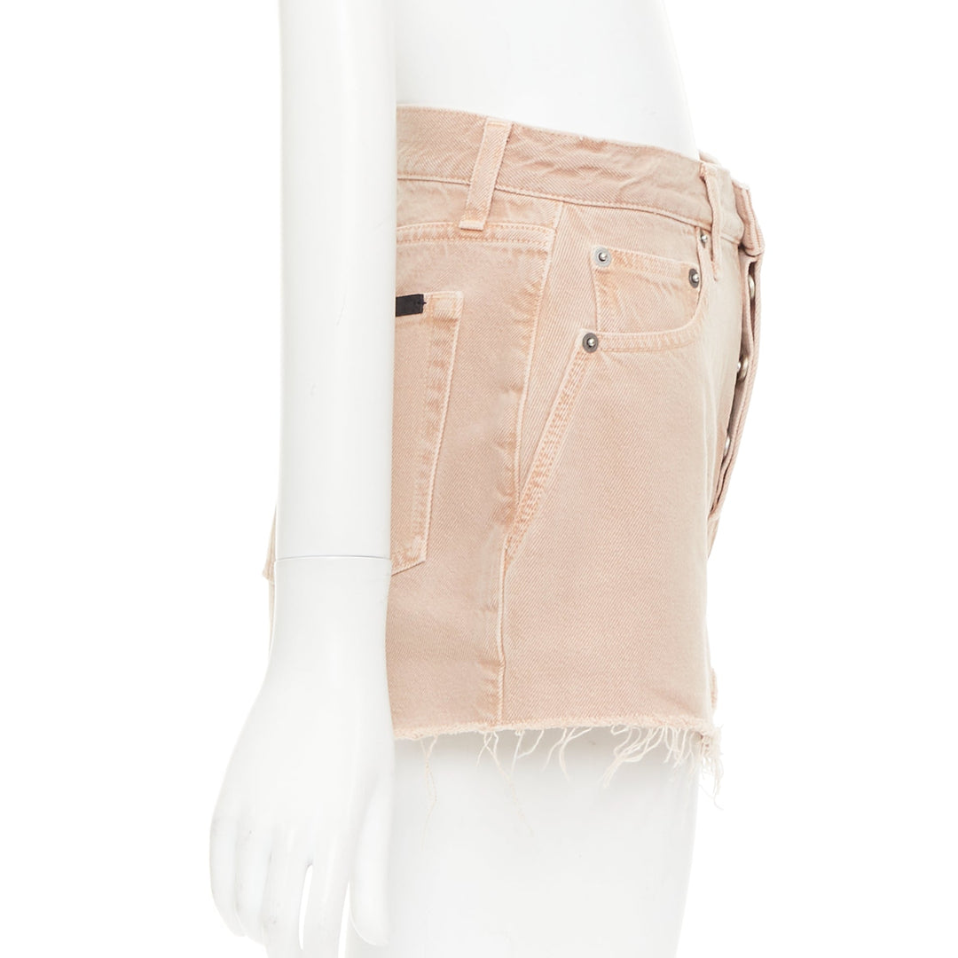 SAINT LAURENT 2020 dusty pink washed denim logo tag flared shorts 25"