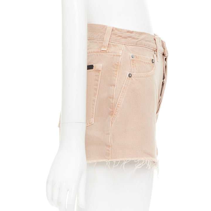 SAINT LAURENT 2020 dusty pink washed denim logo tag flared shorts 25"