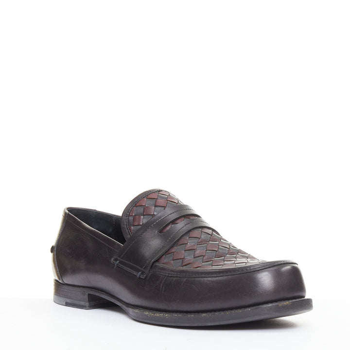 BOTTEGA VENETA Intrecciato black burgundy woven leather penny loafers EU43