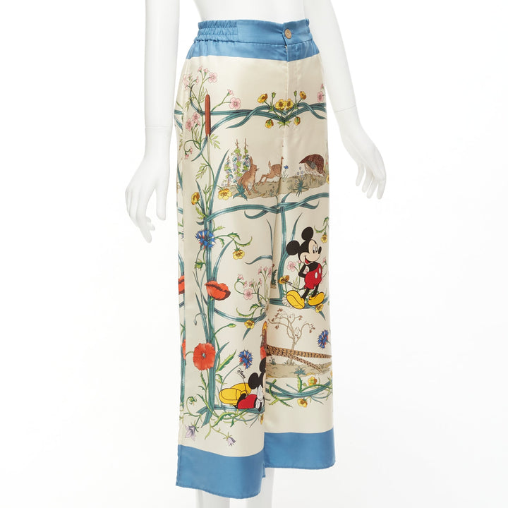 GUCCI Disney Mickey Mouse 100% silk floral print wide pants IT36 XXS