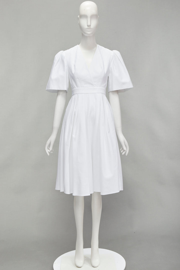ALEXANDER MCQUEEN white structural bell sleeve V neck midi dress IT38 XS
