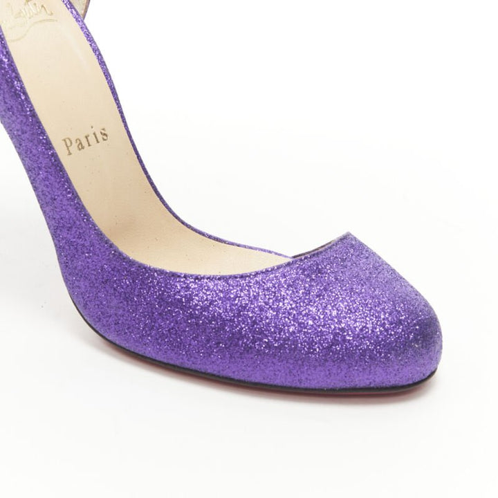 Female mannequin wearing Christian Louboutin Helmour purple glitter Purple Leather Women Heels in Size EU37.5 | Available at JHROP