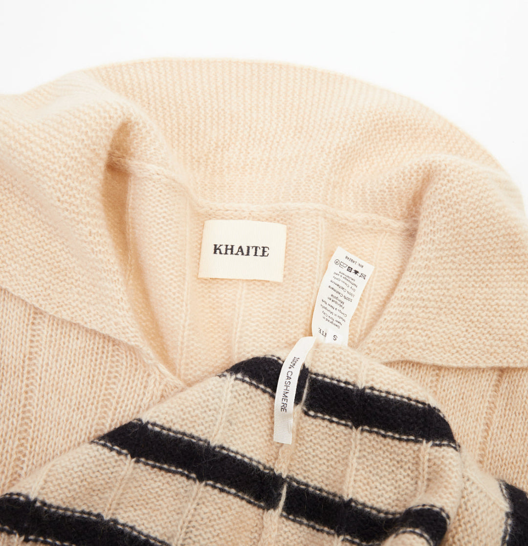 KHAITE 2022 Mateo Butter Black Stripe ribbed cashmere wide collar sweater S