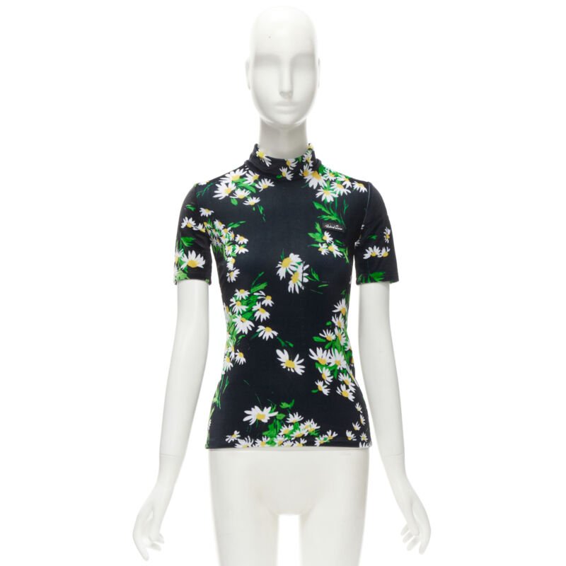 RICHARD QUINN black white green daisy floral print velvet short sleeve top S